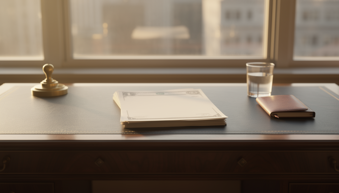 An executive desk with neatly stacked Treasury paperwork in warm morning light