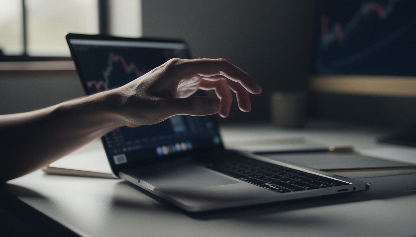 A hand hesitating over a laptop trackpad next to a stock chart