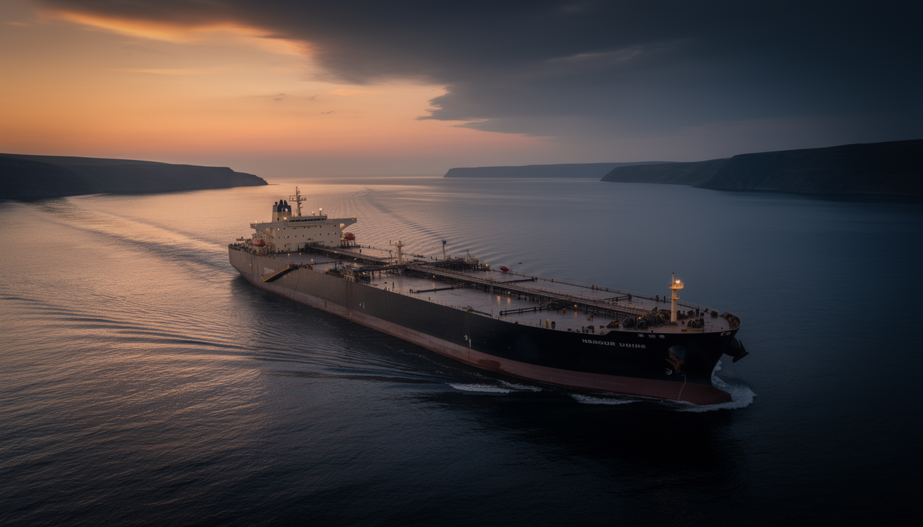 An oil tanker navigating a narrow maritime strait at dusk