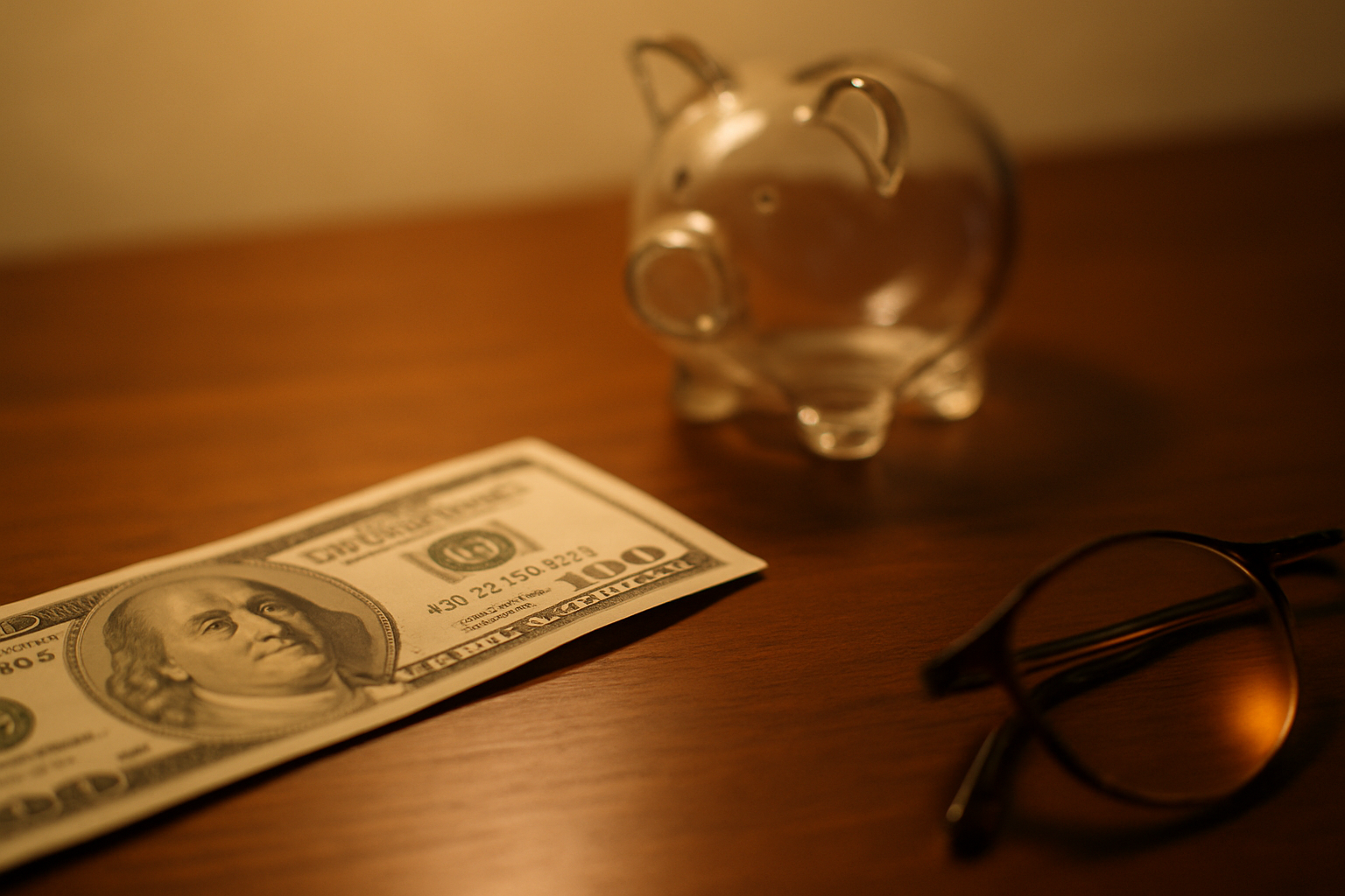 A single $100 bill on a walnut desk with an empty piggy bank in soft focus — the cash trap