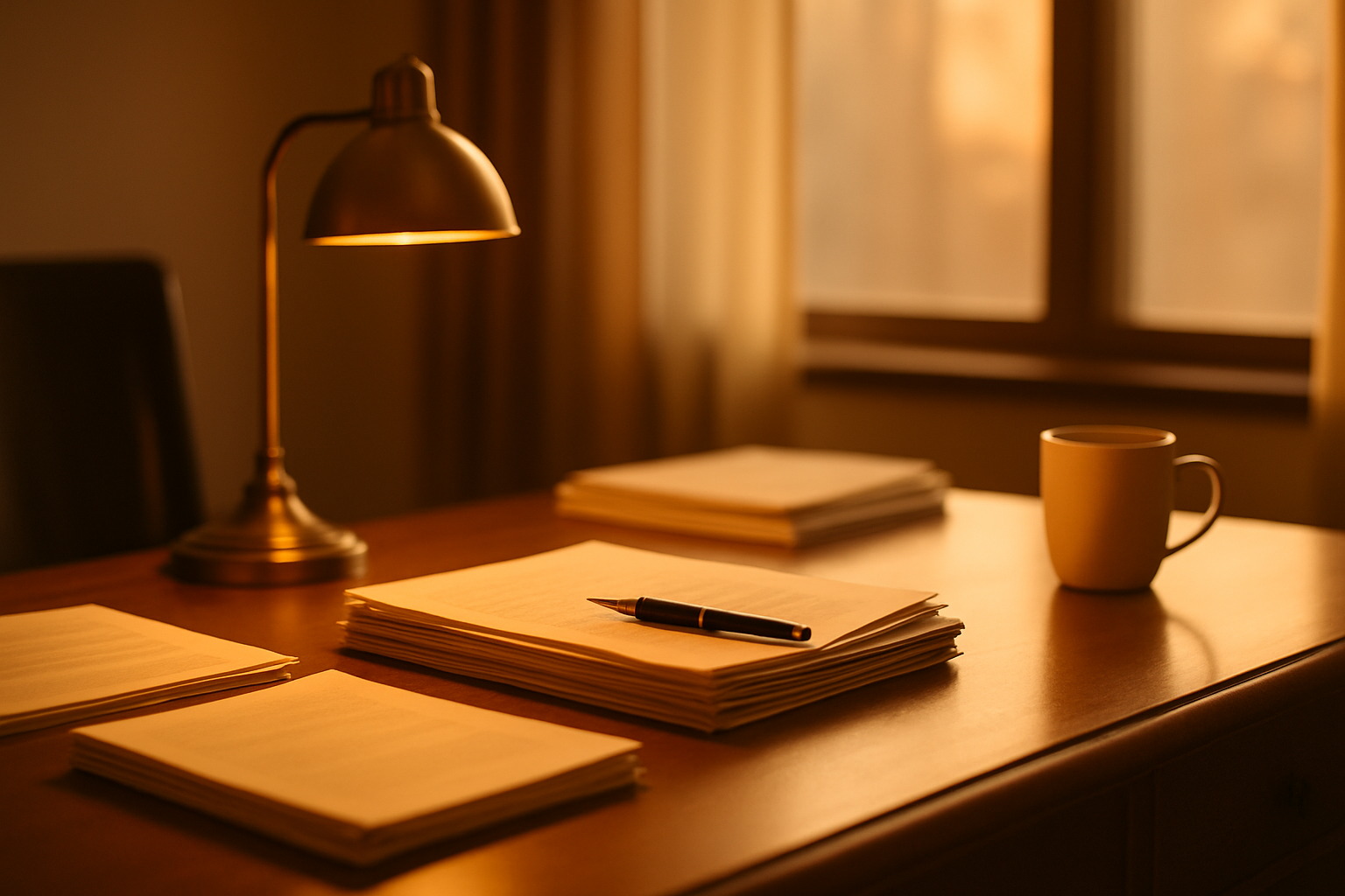 An executive desk at sunset with paperwork organized into three neat stacks