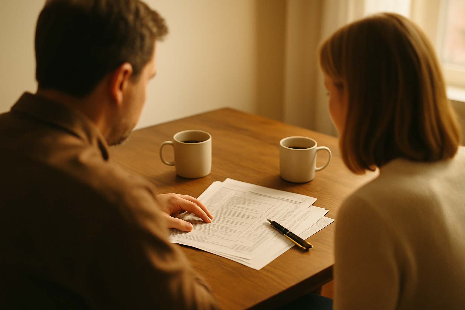 Two people reviewing financial paperwork at a kitchen table in golden-hour light